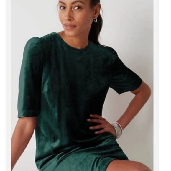 J. Jill Dresses & Skirts - J. Jill Puff Sleeve Velvet Shift Mini Dress M Teal Green Holiday Keyhole Button